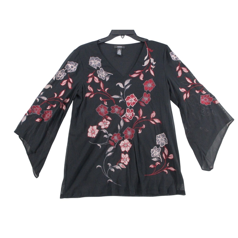 Alfani Womens Black Floral Embroidered Mesh Bell Sleeve V-Neck Blouse Top Small